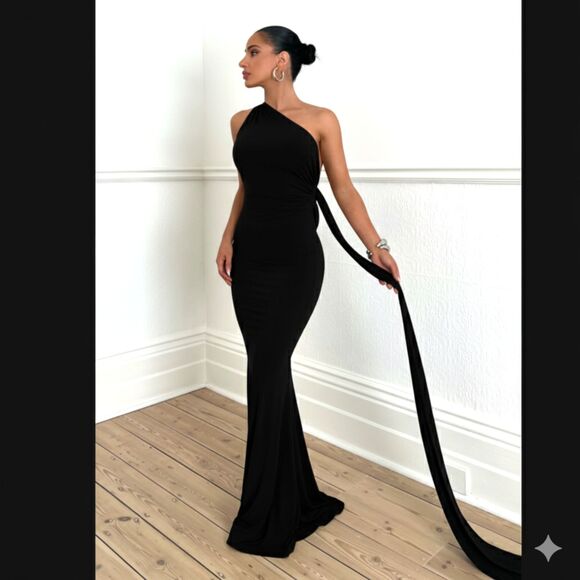 NWT Melani the Label Sofia S (4) Black One Shoulder Formal Gown Maxi Dress - Picture 1 of 14